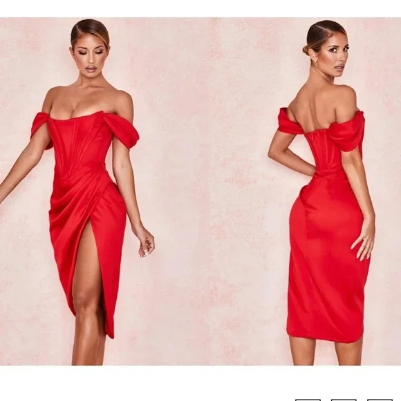 open lace back dress Red Satin Off The Shoulder Crossover Gown